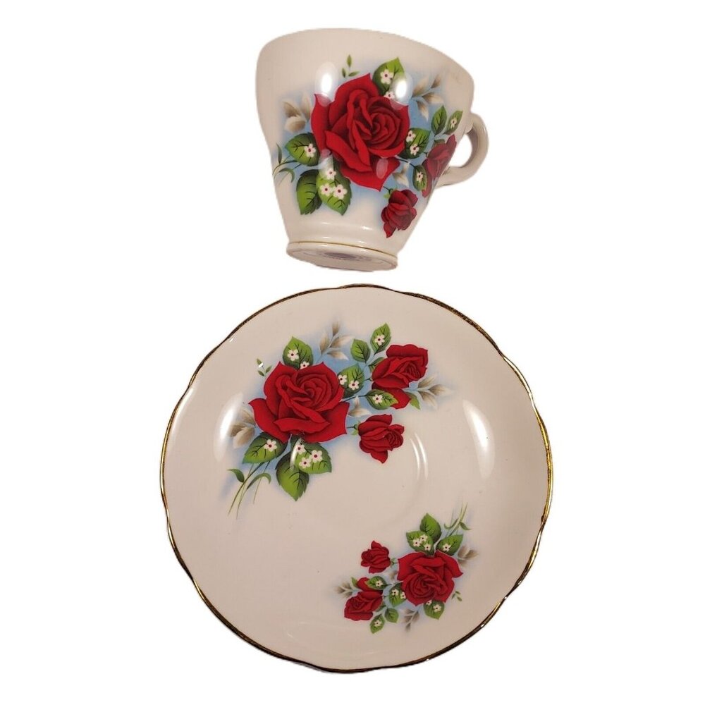 Red Roses Cup & Saucer Royal Ascot Bone China Gold Trim England Vintage Tea set